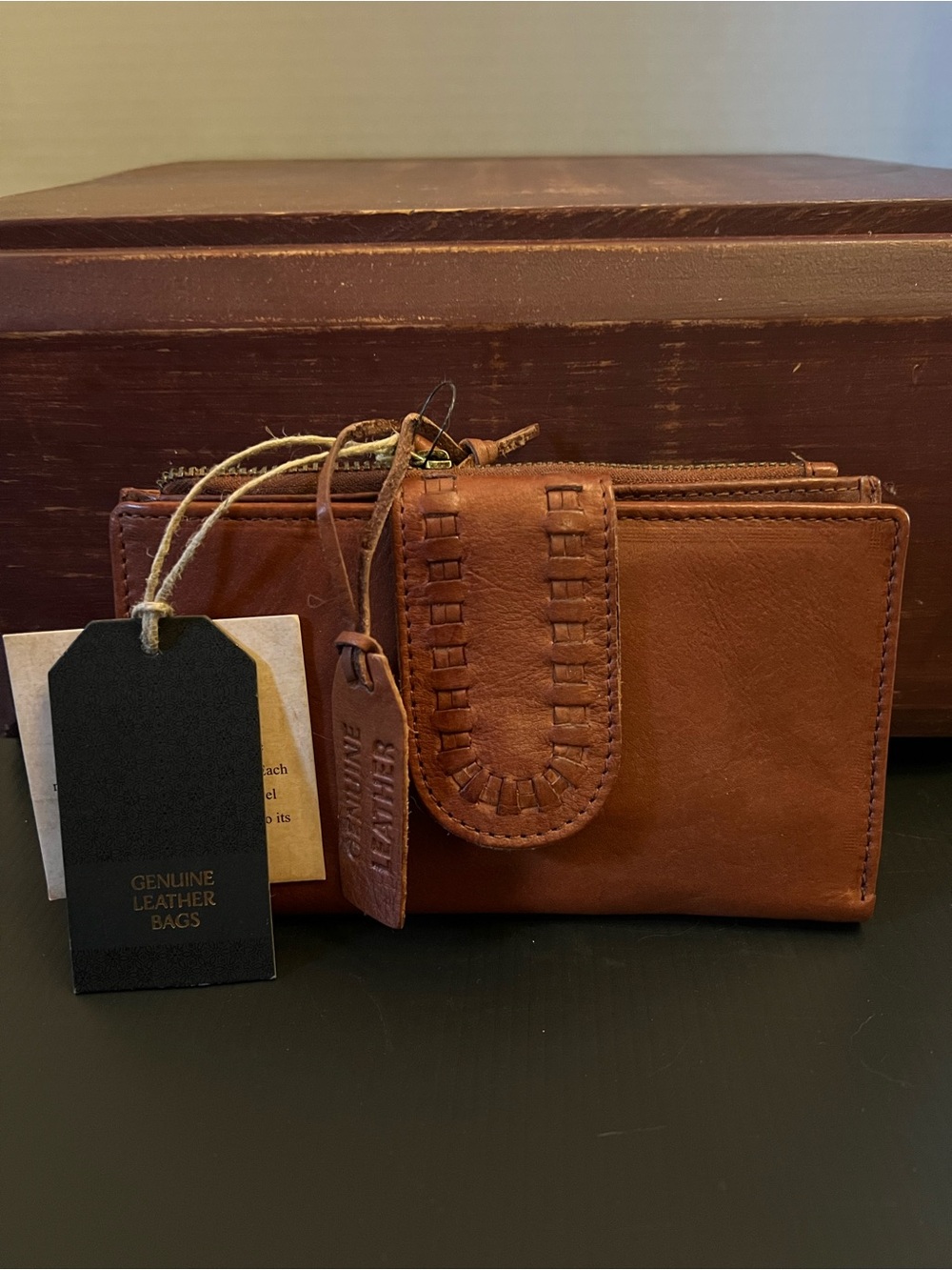 Genuine Leather Brown Wallet with Woven Tab